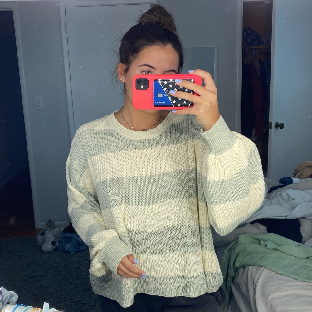 Green/Cream Striped Oversized Sweater